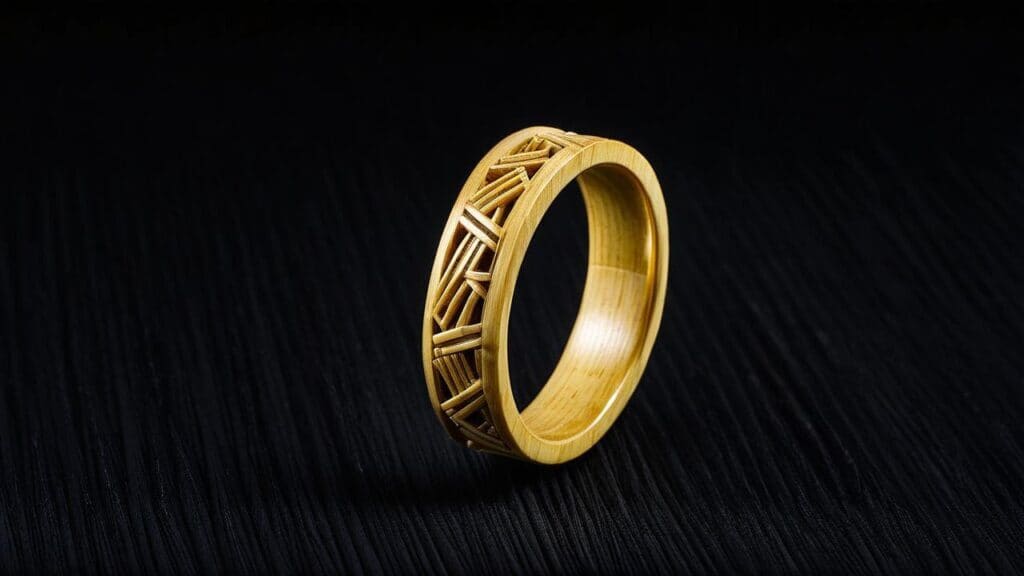 Handcrafted bamboo ring with a geometric cutout design, featuring natural texture and eco-friendly craftsmanship on a dark background.