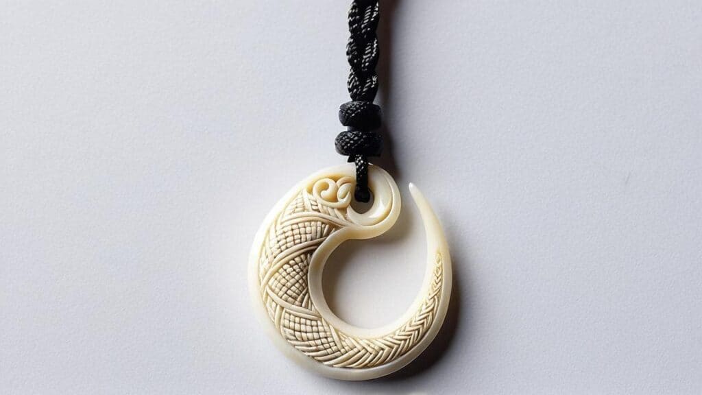 Intricately carved bone makau pendant representing strength, prosperity, and safe ocean journeys in Hawaiian culture