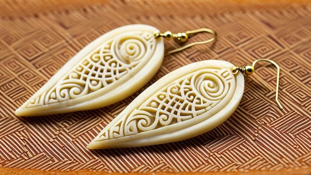 Pair of artisan teardrop earrings intricately carved from bone with spiral patterns, displayed on a patterned surface
