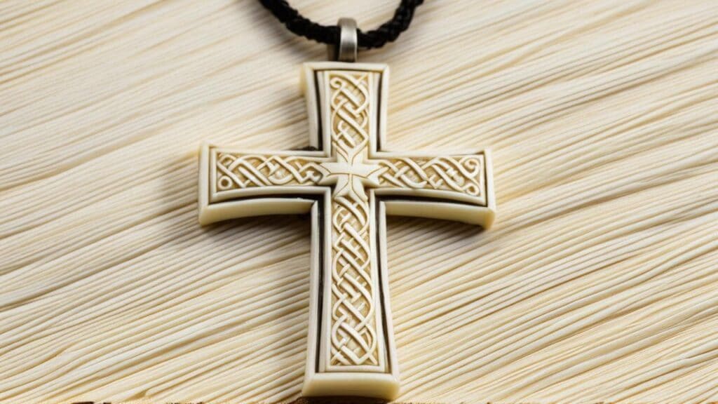 Carved ivory cross pendant featuring intricate Celtic knotwork design on a textured background