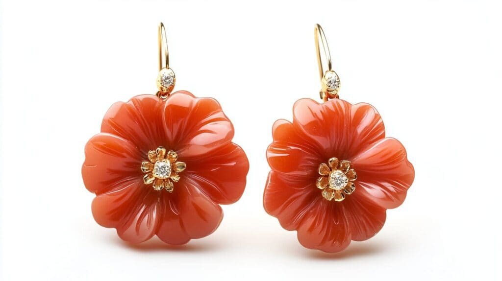Exquisite carved red coral flower earrings with gold and diamond accents, featuring intricate floral detailing.
