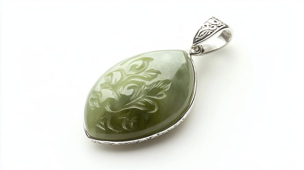 An intricately carved green serpentine stone pendant with floral patterns, set in a silver frame and bail, highlighting its decorative and ornamental design.