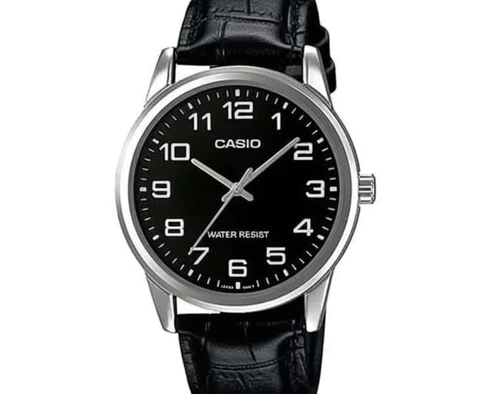 Casio analog watch with black dial, white Arabic numerals and black leather strap