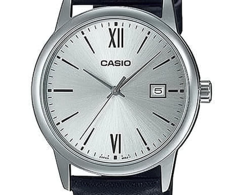 Elegant Casio dress watch with silver case, Roman numeral markers, and black leather strap perfect for business and formal occasions
