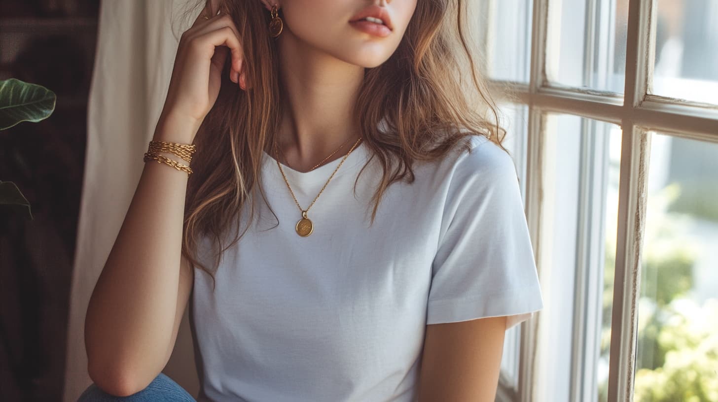 Woman in a white tee wearing layered gold coin necklace and chain bracelets