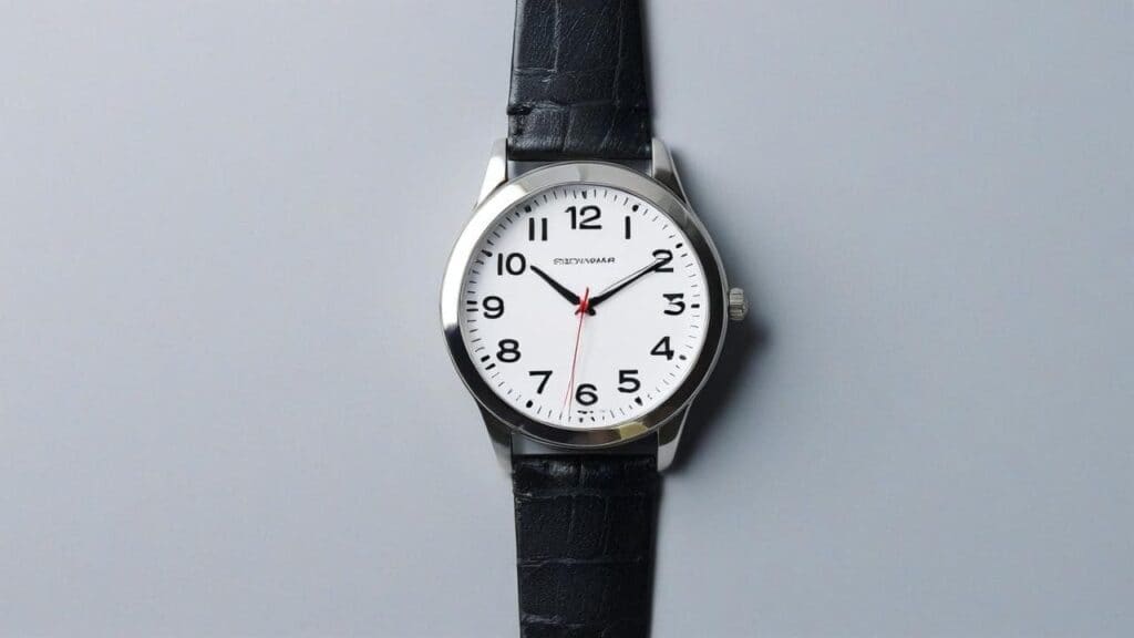 Steel case watch with clean white dial and black leather strap for business casual attire