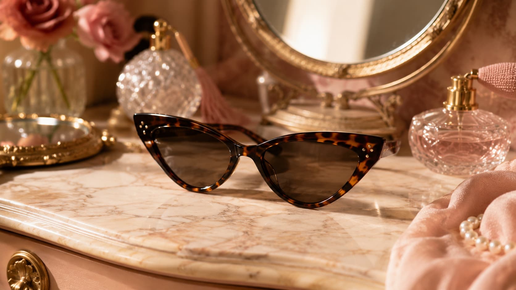 Vintage tortoiseshell cat-eye sunglasses on a glamorous vanity table with mirror and perfume bottles