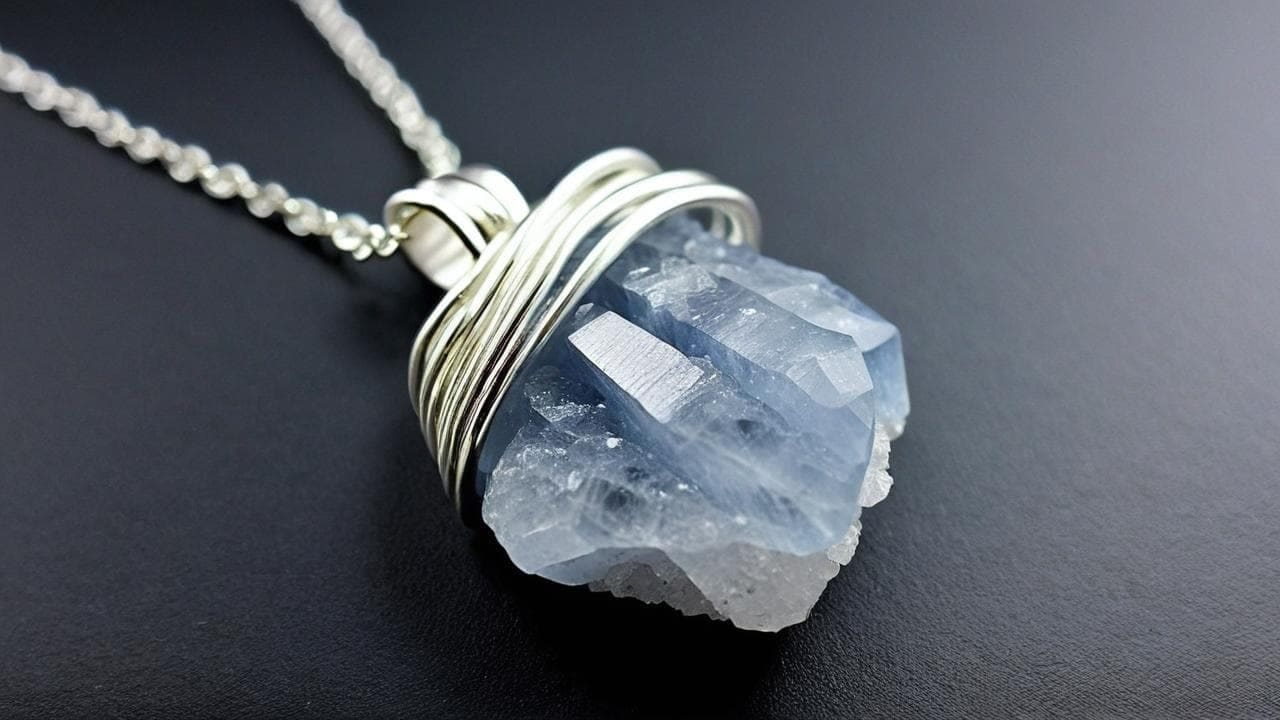 Raw pale blue celestite crystal cluster wrapped in silver wire on a chain