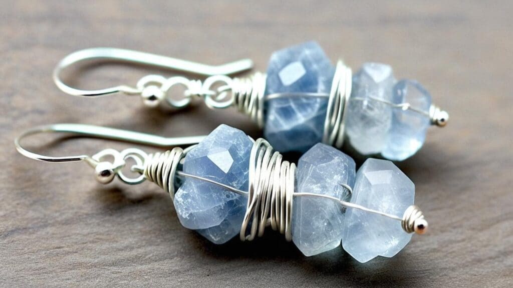 Stacked celestite gemstone earrings with protective silver wire wrapping, displaying multiple pale blue faceted crystals
