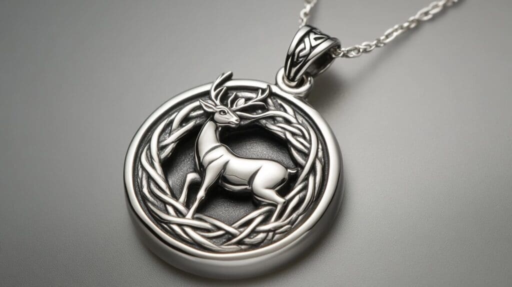 Silver pendant featuring a deer surrounded by Celtic knotwork, symbolizing spiritual connection and eternal cycles.