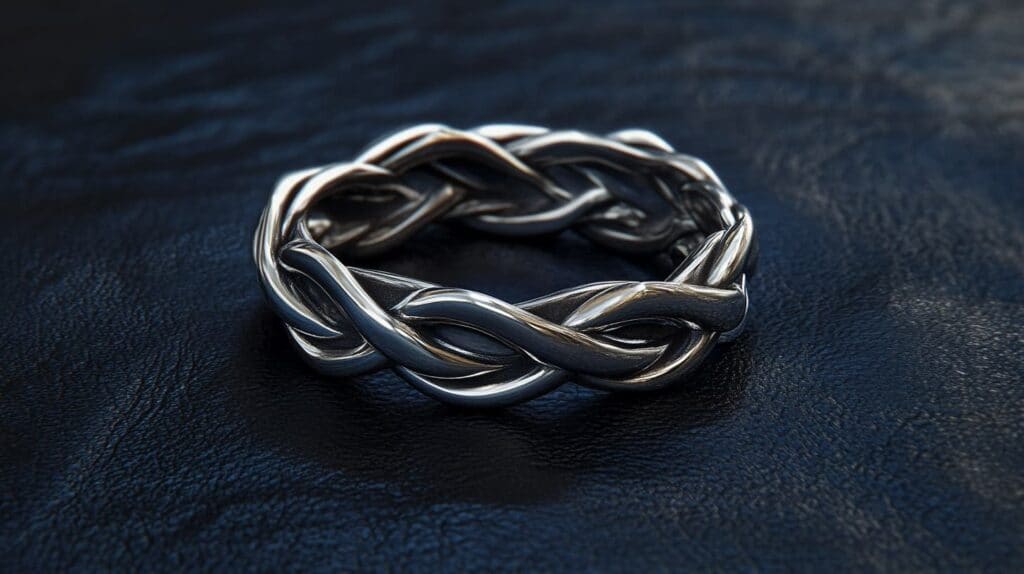 Silver Celtic knot wedding band with interwoven design, symbolizing eternal love and unity, placed on a dark textured surface.