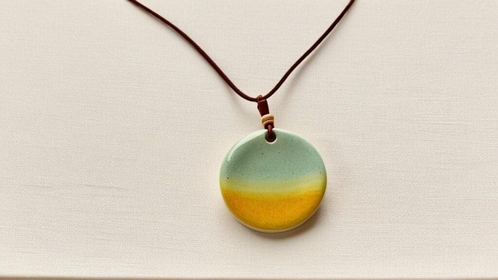 Green to yellow ombre ceramic pendant on brown leather cord necklace displaying gradient color technique