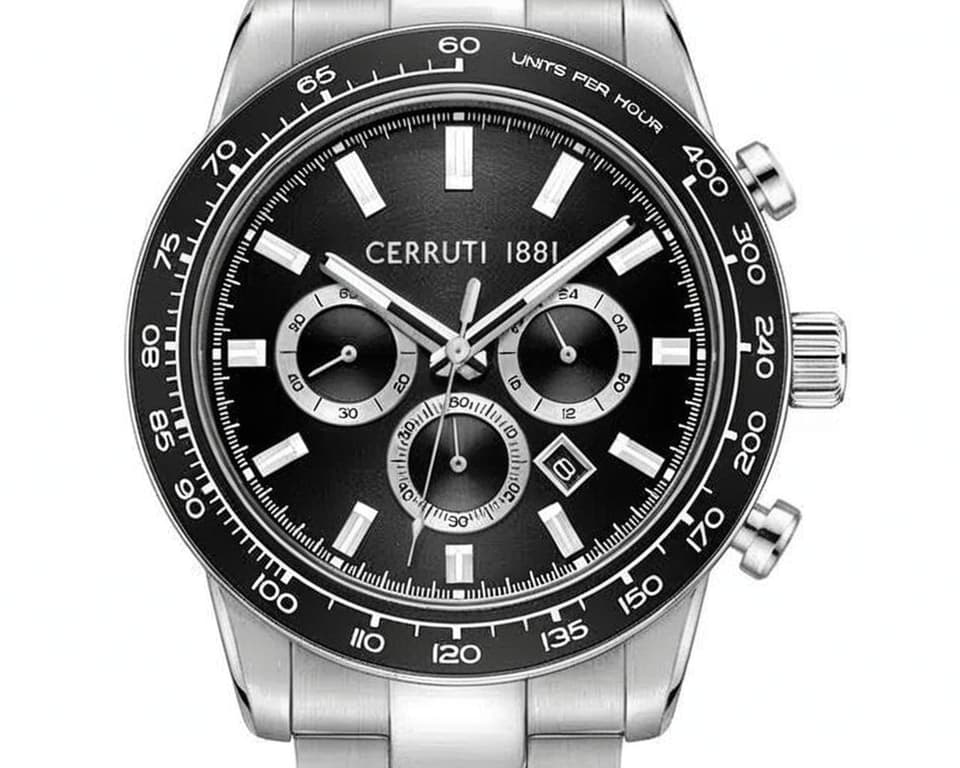 Cerruti 1881 chronograph watch with black dial, tachymeter bezel, and steel bracelet