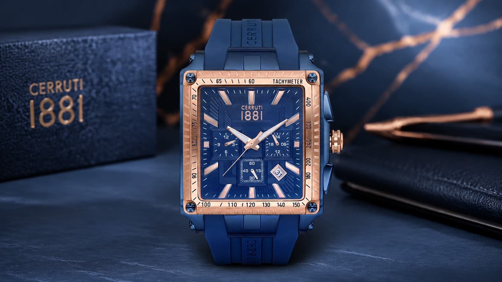 Cerruti 1881 Odissea Master chronograph watch in blue and rose gold