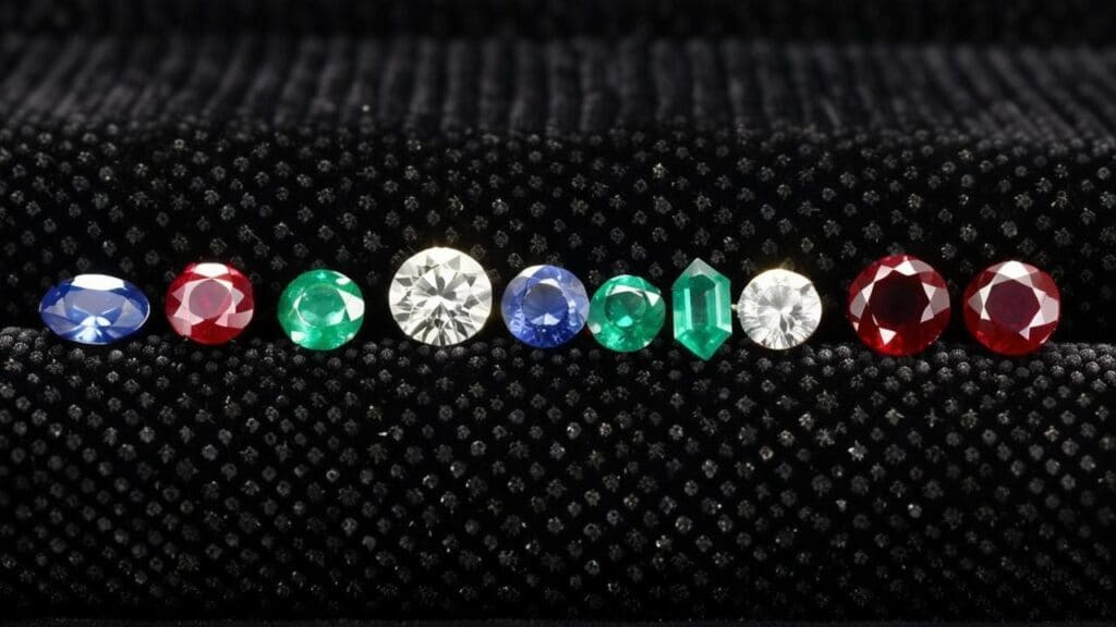 A collection of certified gemstones, including diamonds, rubies, sapphires, and emeralds, showcasing different cuts and colors on black fabric.