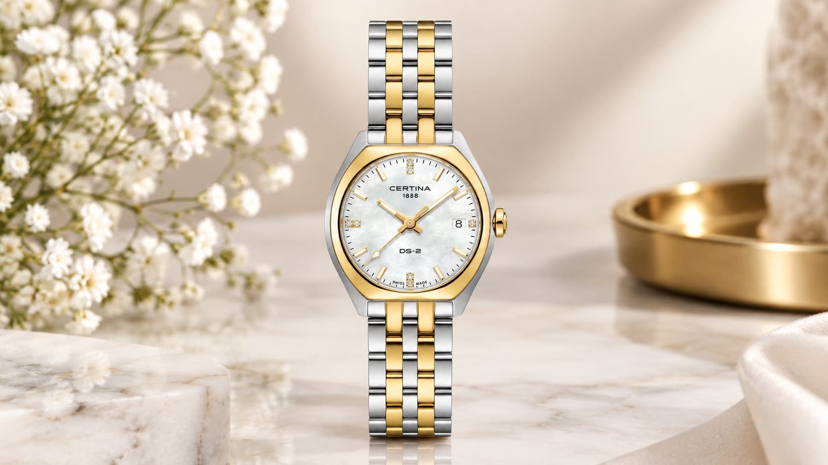 Certina DS-2 Lady two-tone gold and steel watch with mother-of-pearl dial and diamond markers