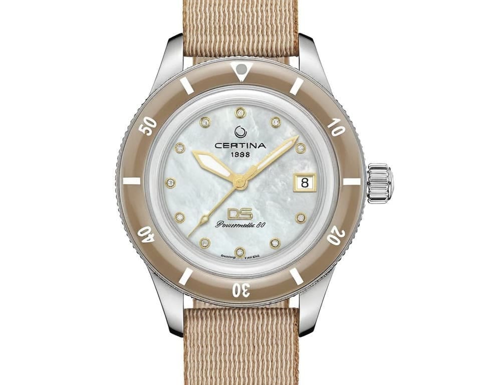 Certina DS Action diver with mother-of-pearl dial, gold accents and beige fabric strap