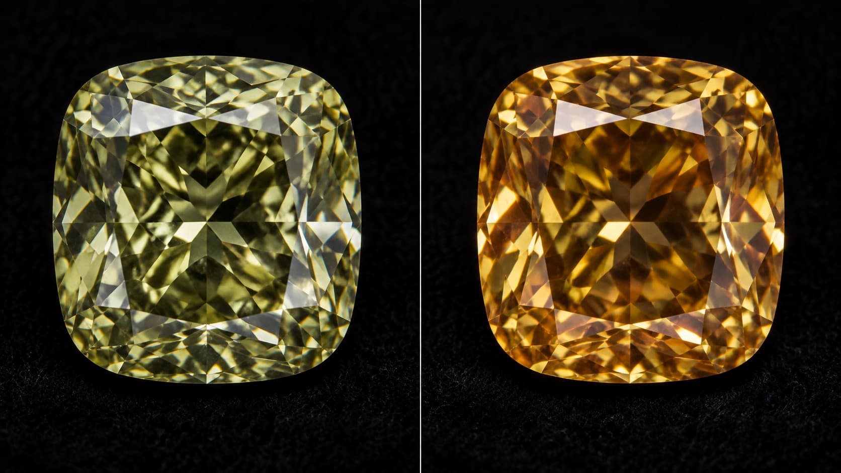 Chameleon diamond shown in olive green before heating and warm brownish yellow after heating