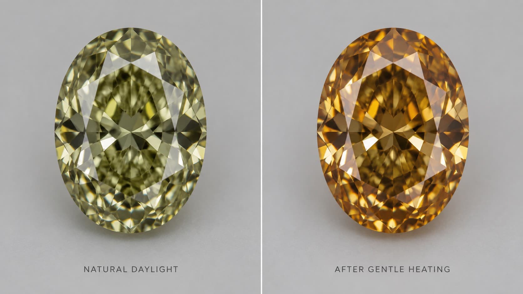 Oval cut chameleon diamond in natural daylight compared to the same stone after gentle heating