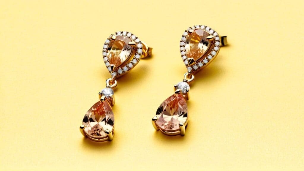 Elegant champagne-colored diaspore drop earrings in yellow gold accented with diamonds