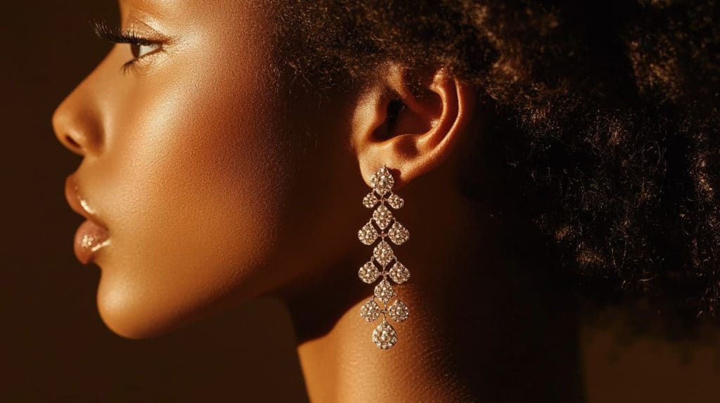 Close-up side profile of a woman wearing chandelier earrings with a total length of approximately 60mm, featuring cascading diamond-like accents for a striking evening look.