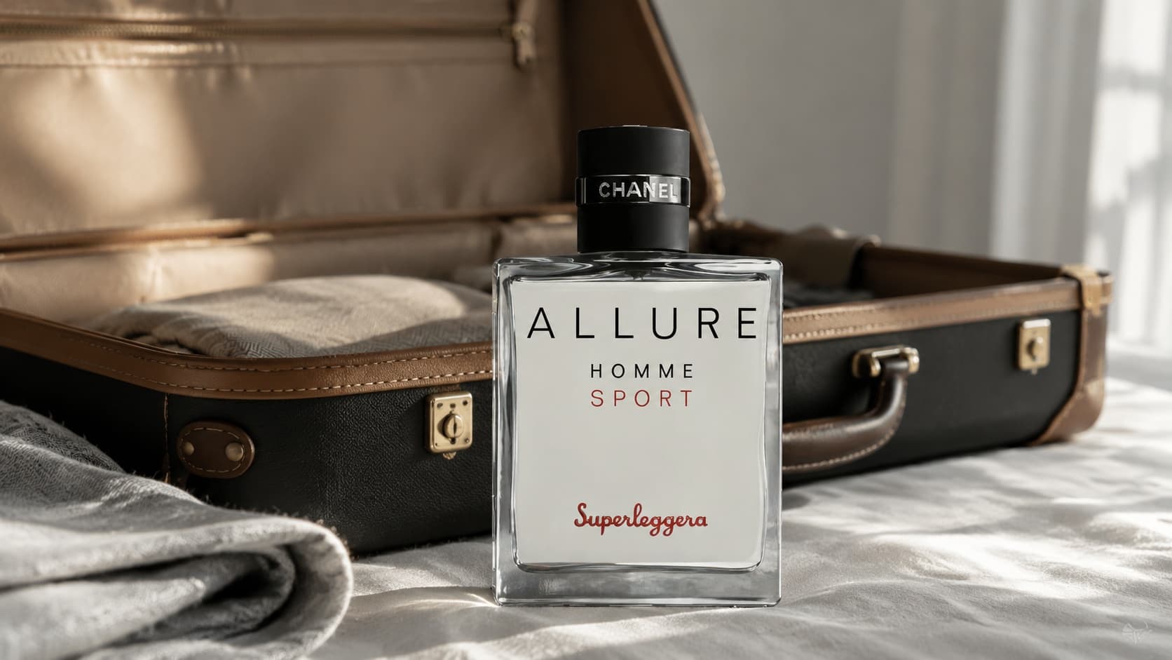 Chanel Allure Homme Sport Superleggera perfume bottle beside an open suitcase while packing for a flight