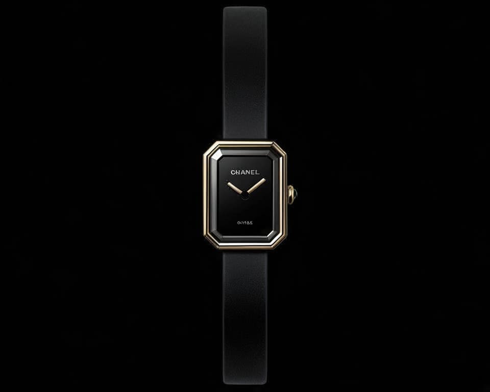 Chanel Première watch with sleek black dial, gold octagonal case, and black leather strap demonstrating timeless French elegance and Swiss precision