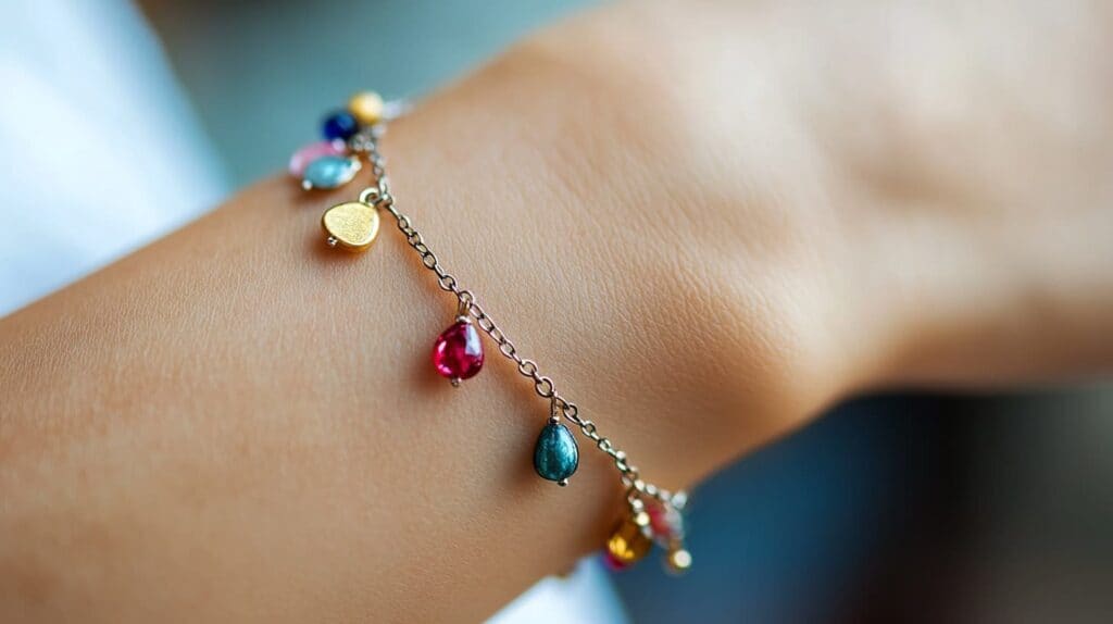 Close-up of a charm bracelet with colorful gemstones, loosely draped on a wrist, illustrating the ideal fit for charm bracelets.