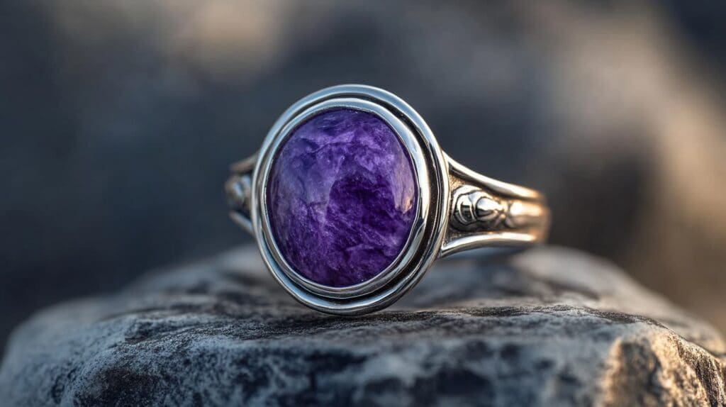 A Charoite gemstone ring set in silver, showcasing the vivid purple stone with its swirling patterns and smooth polished finish, perfect for unique jewelry designs.