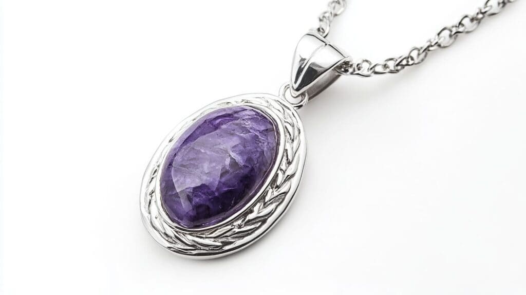 A Charoite pendant necklace with a polished oval gemstone in a silver braided frame, highlighting the stone's vibrant purple color and natural patterns.