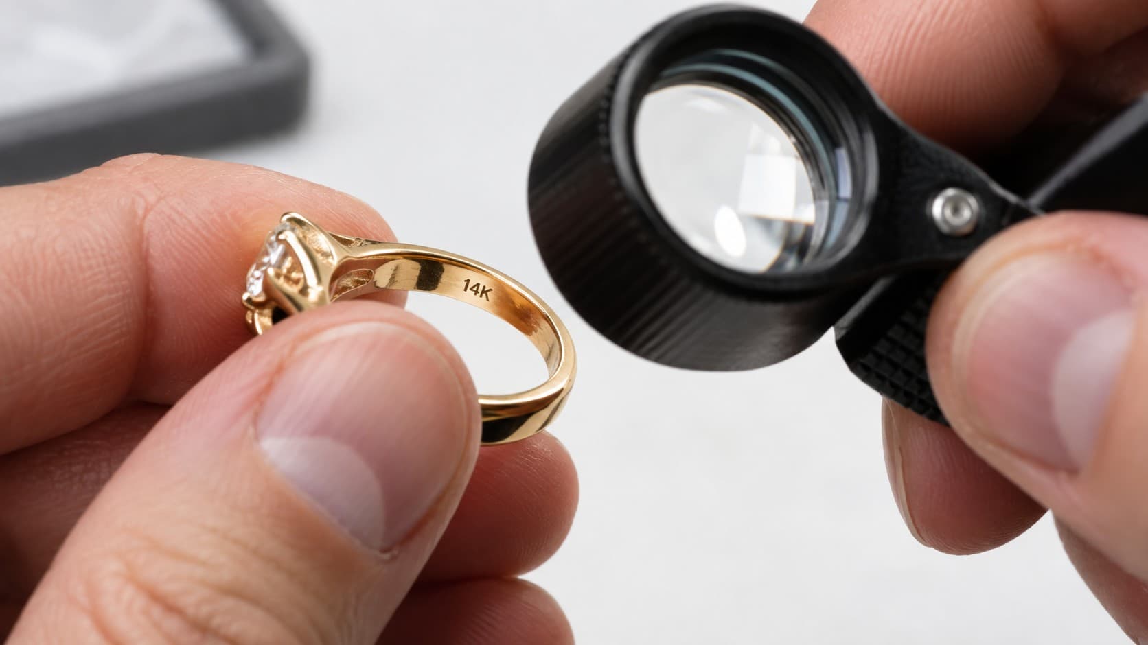 Checking a 14K gold ring stamp with a jeweler's loupe to spot underkarating fraud