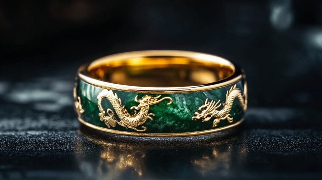 Ornate gold wedding ring with green jade inlay and intricate dragon motifs, showcasing traditional Chinese wedding symbolism.