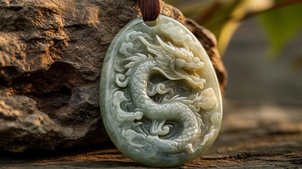 A finely carved jade pendant depicting a Chinese dragon, symbolizing power and prosperity, resting on a rock.