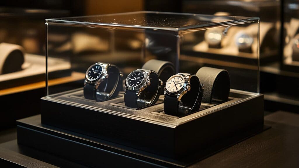 Showcase of premium Chinese watches in a glass display, featuring sleek black and silver designs with modern aesthetics.