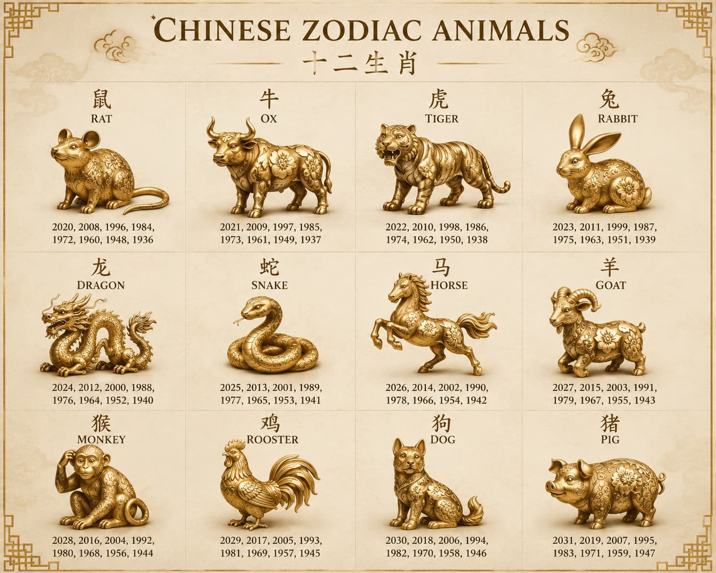 Gold statues of the 12 Chinese zodiac animals with their corresponding birth years listed for each sign