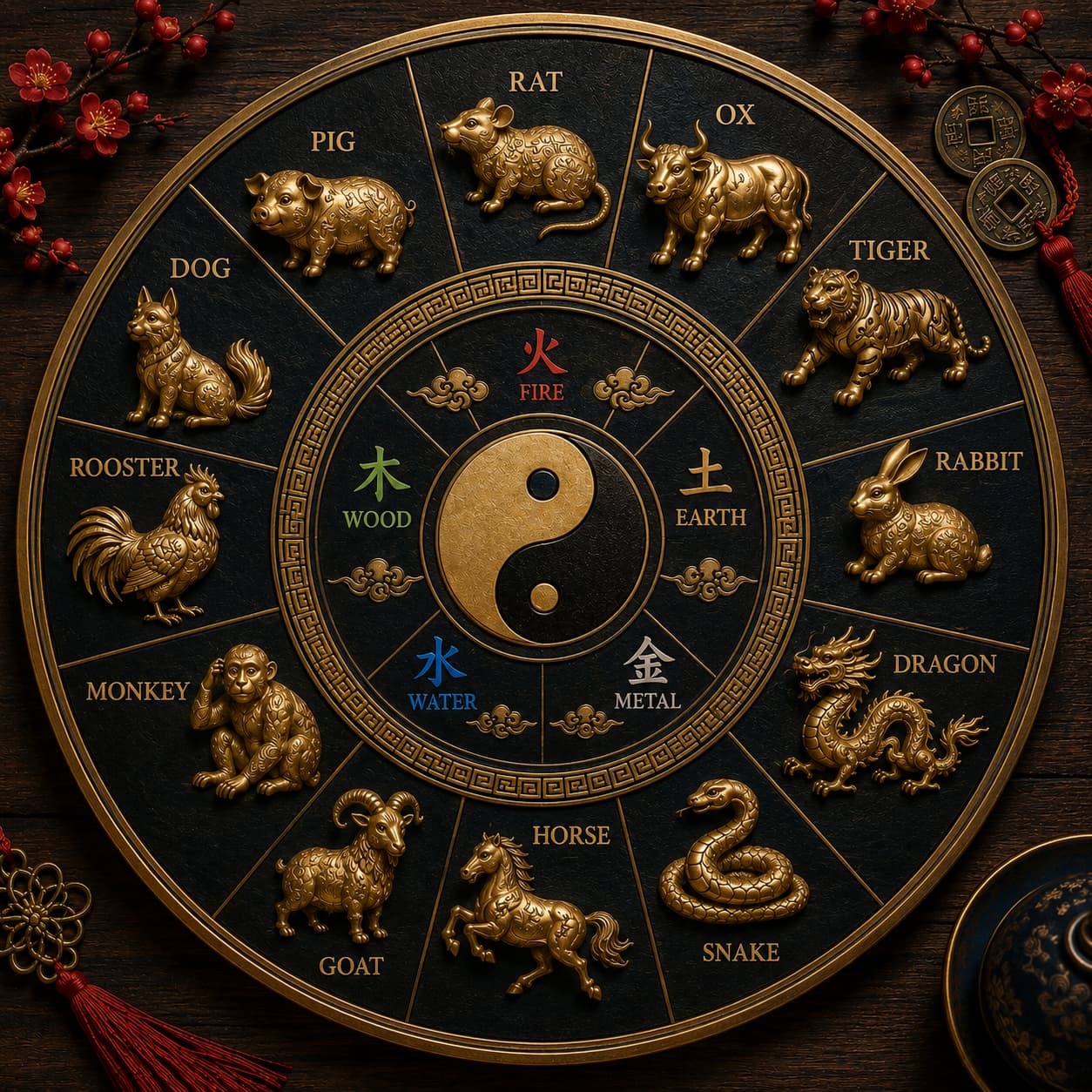 Chinese zodiac wheel in gold relief with twelve animals, five elements and yin-yang
