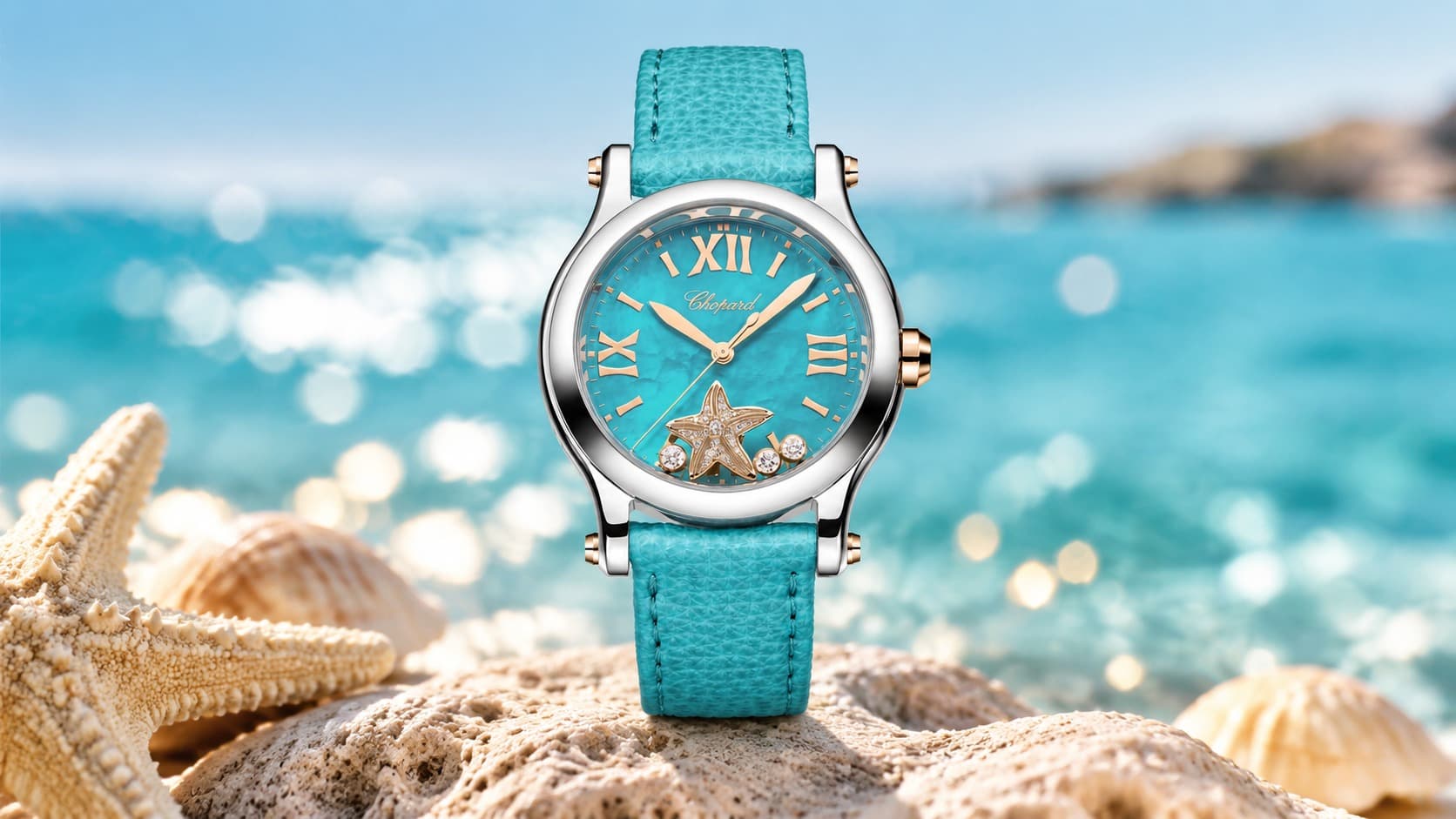 Chopard Happy Sport watch with a turquoise starfish-motif dial resting on a sandy beach