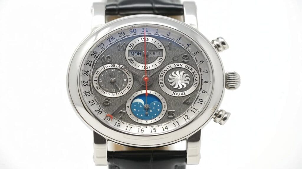 Christiaan van der Klaauw astronomical watch showing complex dial with multiple complications including moon phase, calendar, and chronograph functions in steel case