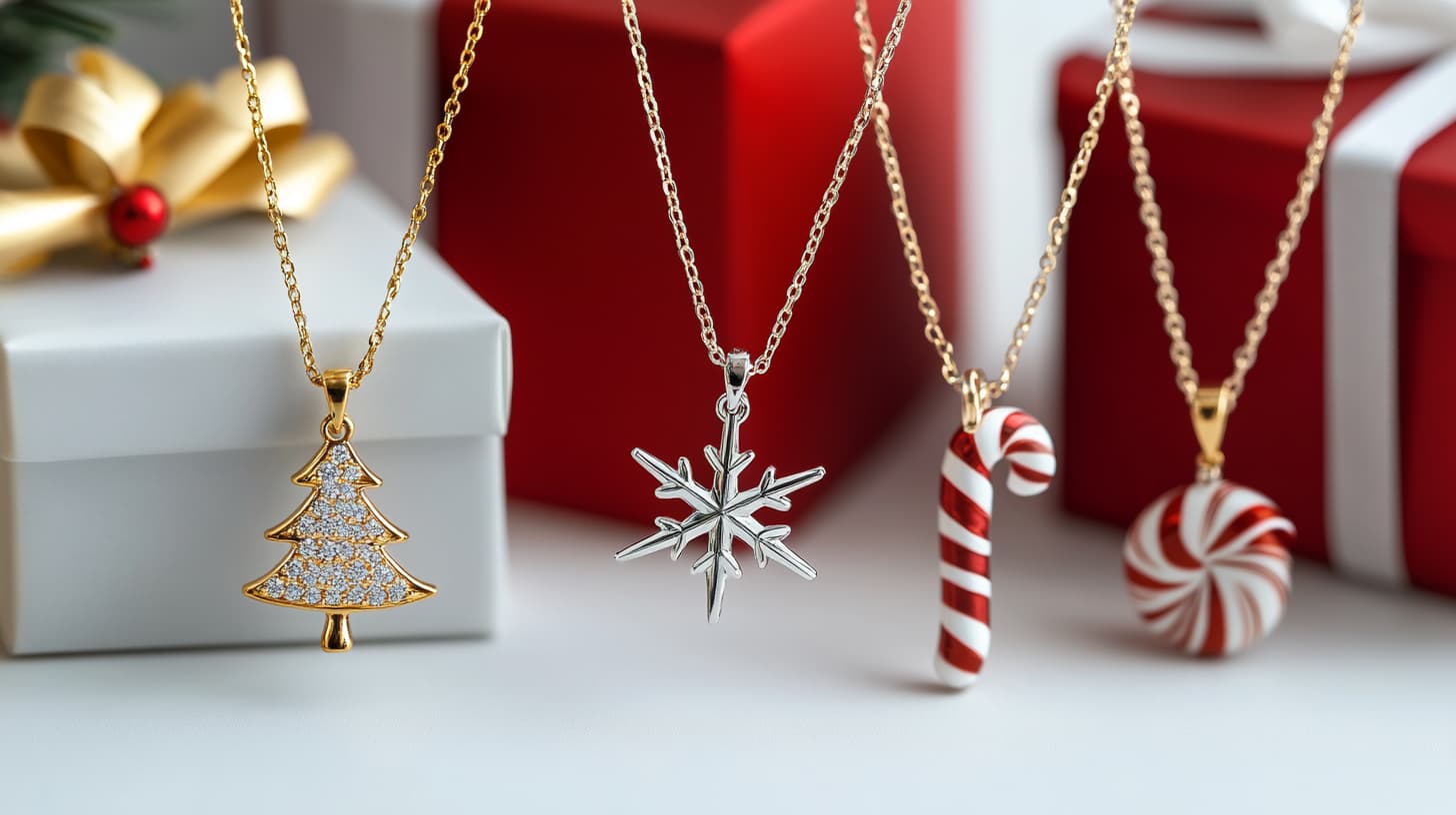 Christmas pendant necklaces — tree, snowflake, candy cane and peppermint — by gift boxes