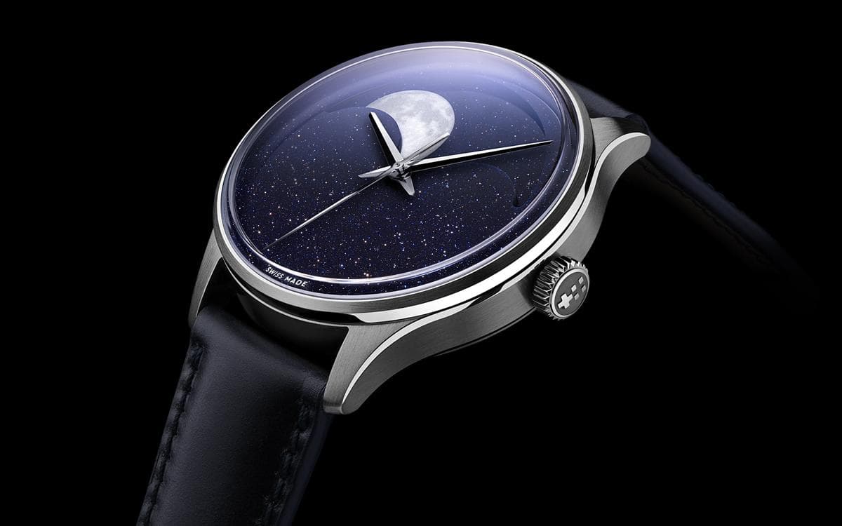 Christopher Ward C1 Moonphase watch with aventurine starry dial and leather strap
