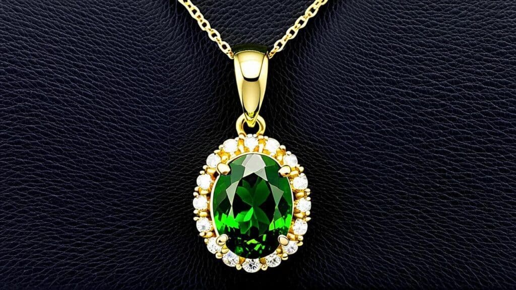 Elegant chrome diopside pendant necklace featuring an oval-cut gemstone surrounded by a halo of diamonds in a gold setting.
