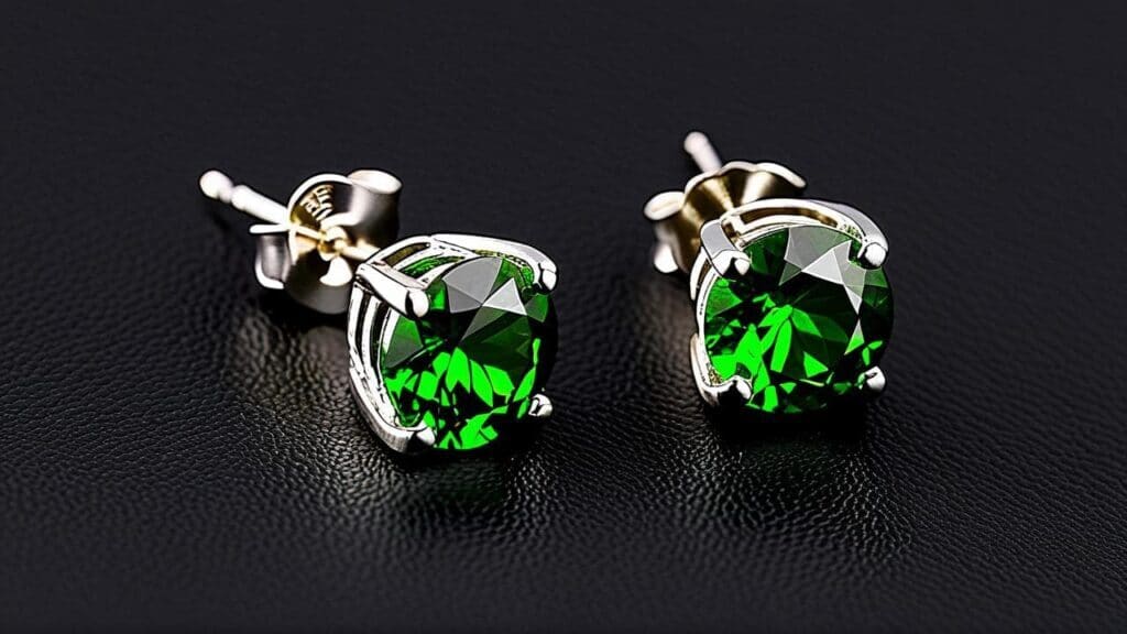 Pair of chrome diopside stud earrings in white gold settings, highlighting the deep green brilliance of the stones.