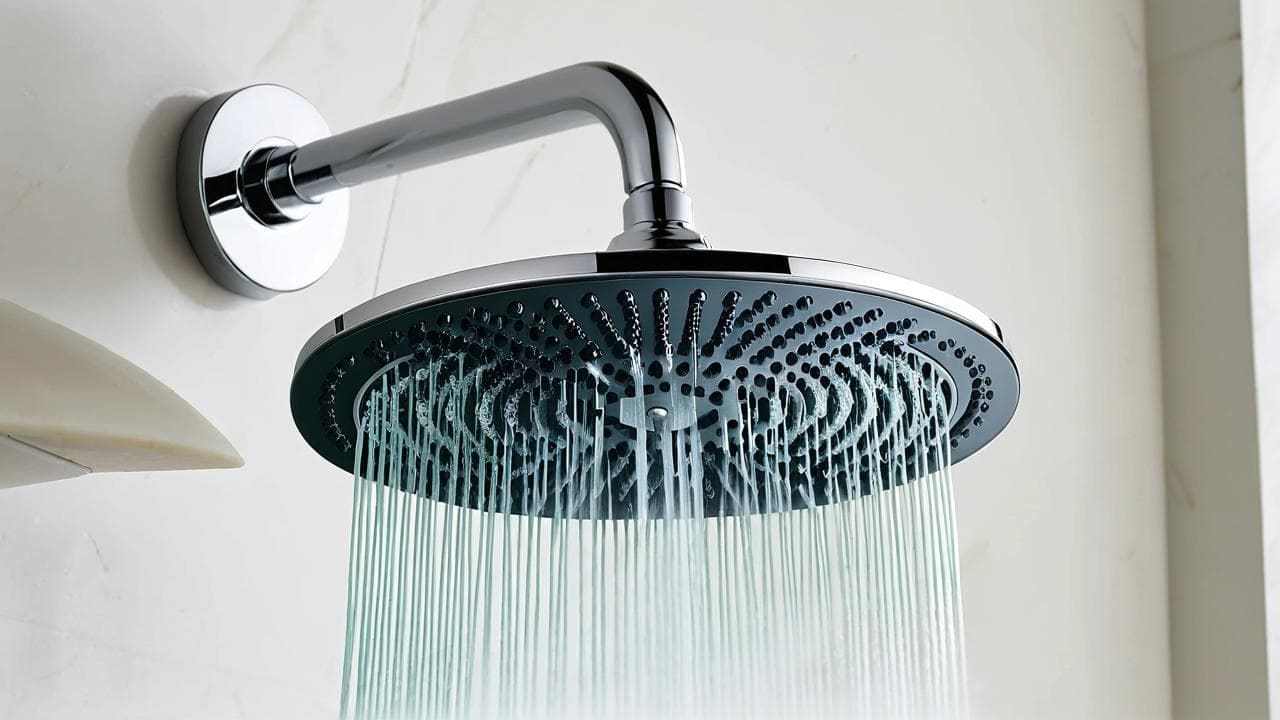 Chrome rain shower head streaming water against a marble bathroom wall