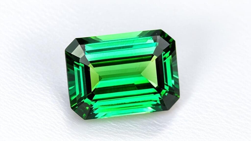 Emerald-cut chrome tourmaline displaying a rich, vivid green hue with excellent brilliance.