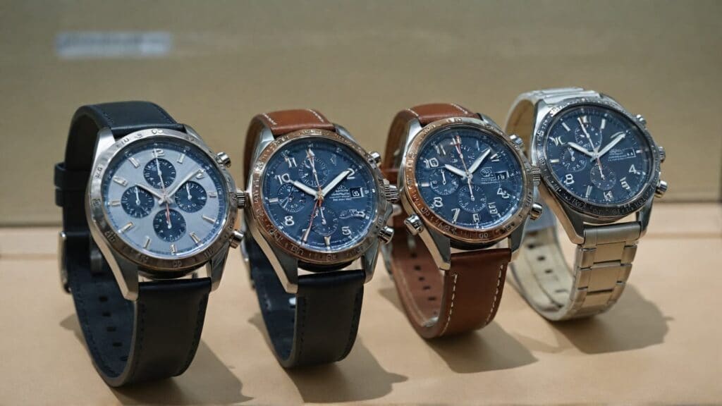 Four chronograph watches displayed on authorized dealer counter with different strap and case options