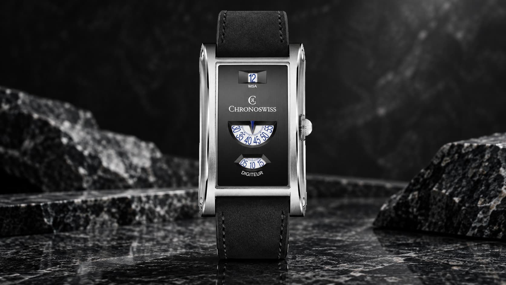Chronoswiss Neo Digiteur Granit digital jump-hour watch with black leather strap on dark granite background