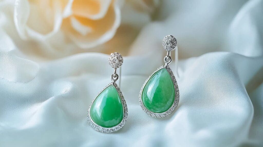 Elegant chrysoprase drop earrings with pear-shaped gemstones surrounded by a diamond halo, set in white gold, displayed on soft white fabric.