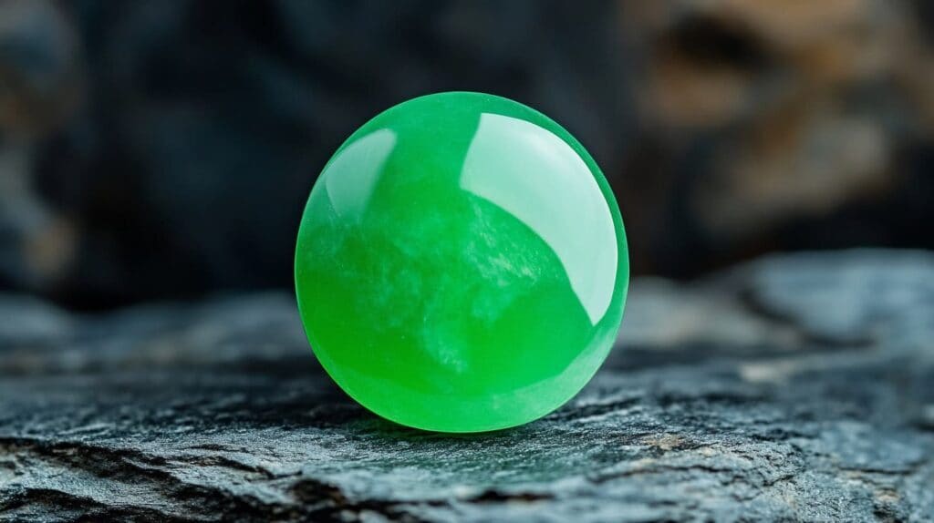 A polished chrysoprase gemstone with a vibrant apple-green color, displayed on a textured dark stone background.