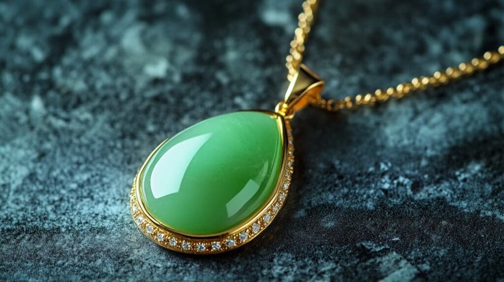 A teardrop-shaped chrysoprase pendant in a gold setting adorned with a diamond halo, placed on a textured dark surface.