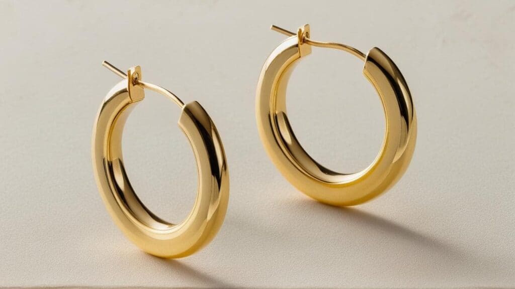 Pair of chunky gold hoop earrings in demi-fine jewelry style, perfect for everyday wear and professional settings